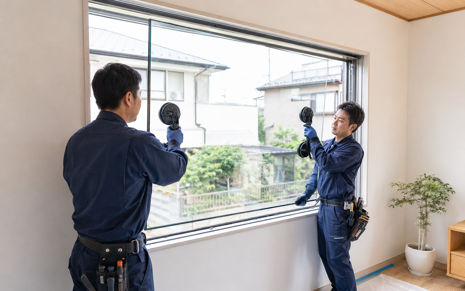 窓ガラスを交換している施工の様子