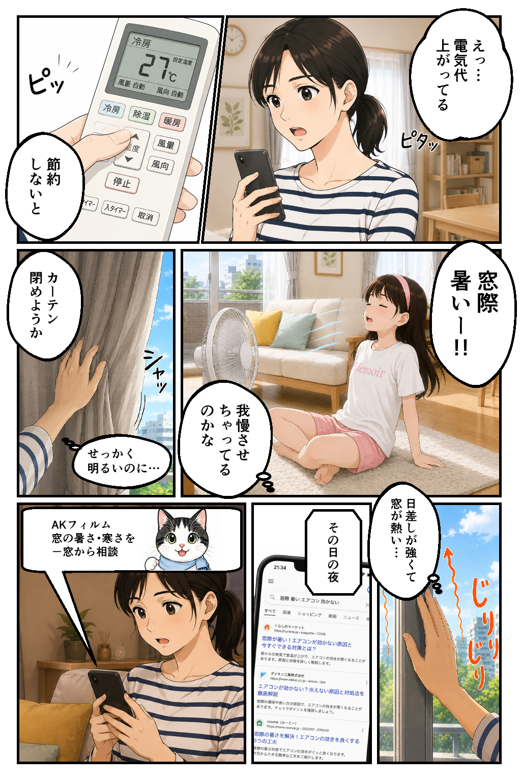 漫画1ページ目。主人公が電気代の請求を見て驚き、エアコンを我慢するが家族も暑さに困っている場面。