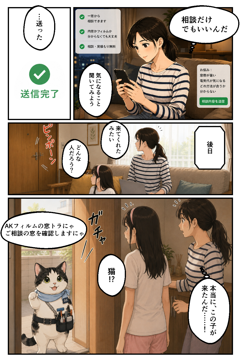 漫画2ページ目。猫キャラクターが窓を指摘し、窓から熱が出入りする仕組みを図で示し、主人公が驚く場面。