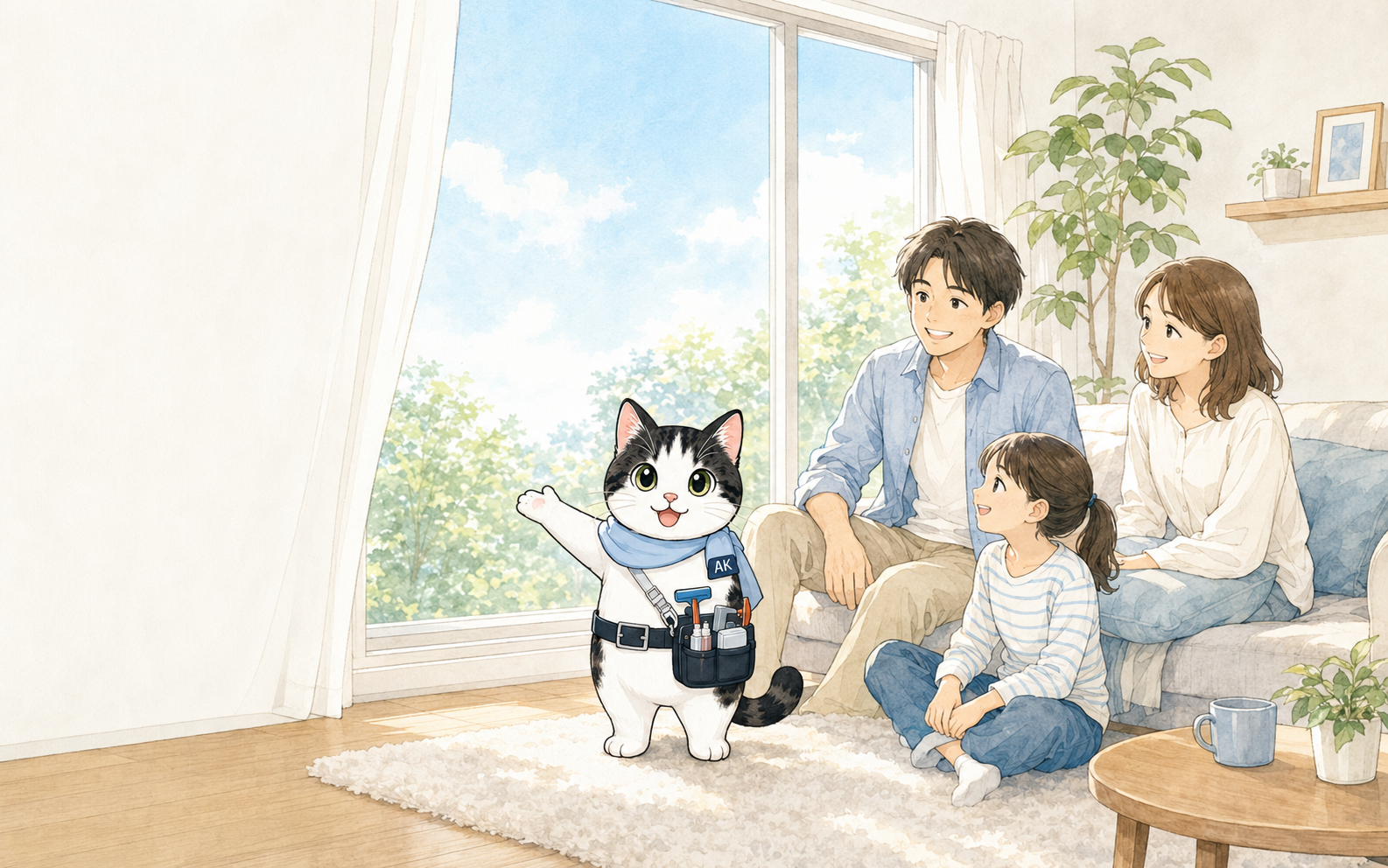 明るくなった窓際で家族と猫が過ごす様子